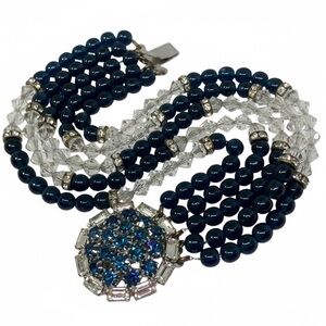 Vintage HOBÉ Signed Blue Glass Rhinestone Multi Strand Bracelet